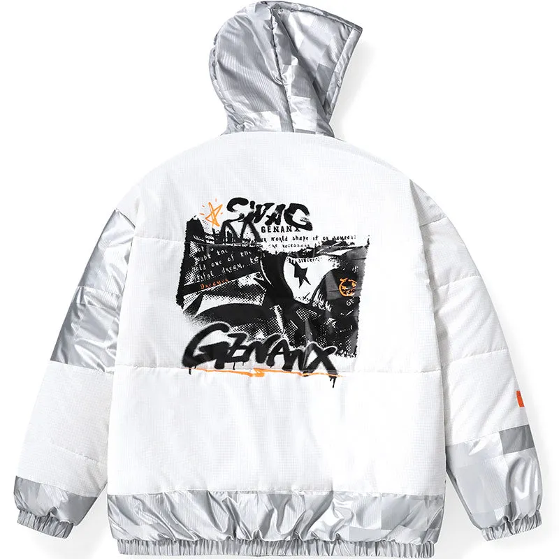 Color Block Spliced Print Padded Coat