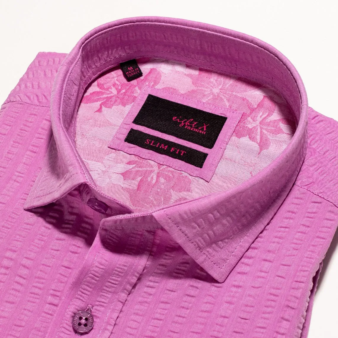 Confuchsia Seersucker Short Sleeve Button Down Shirt