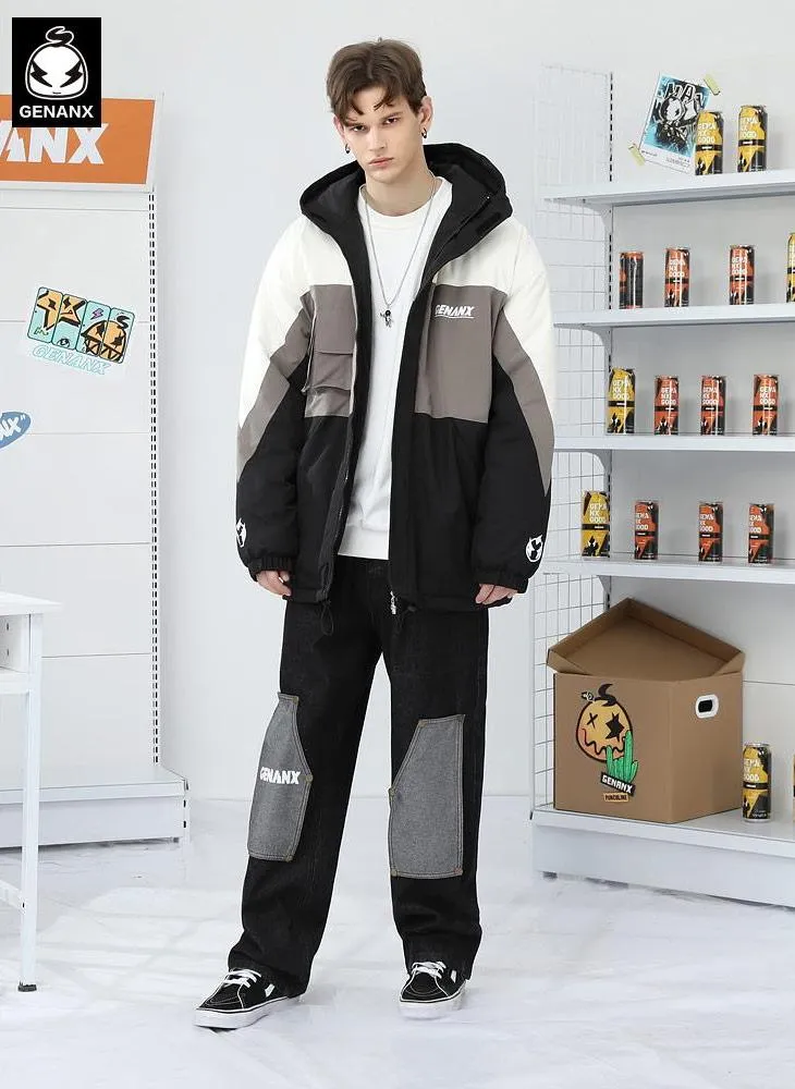 Contrast Color Hooded Padded Coat