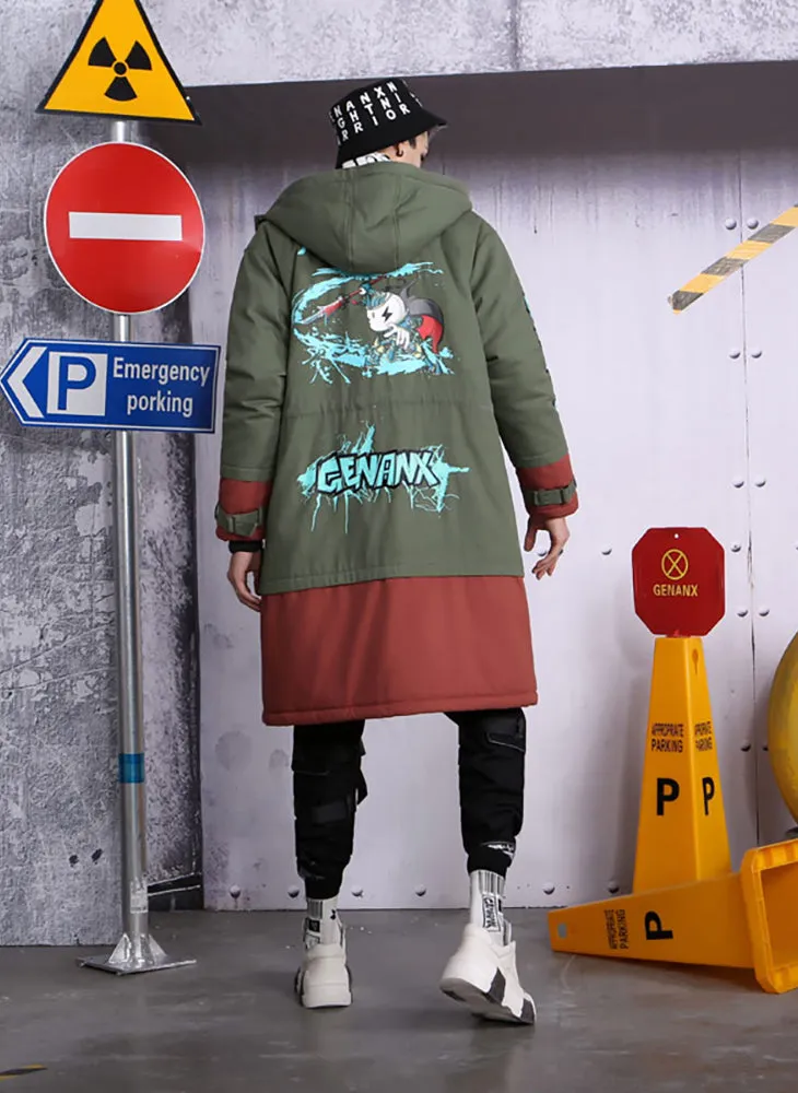 Contrast Color Spliced Waist Rope Padded Coat