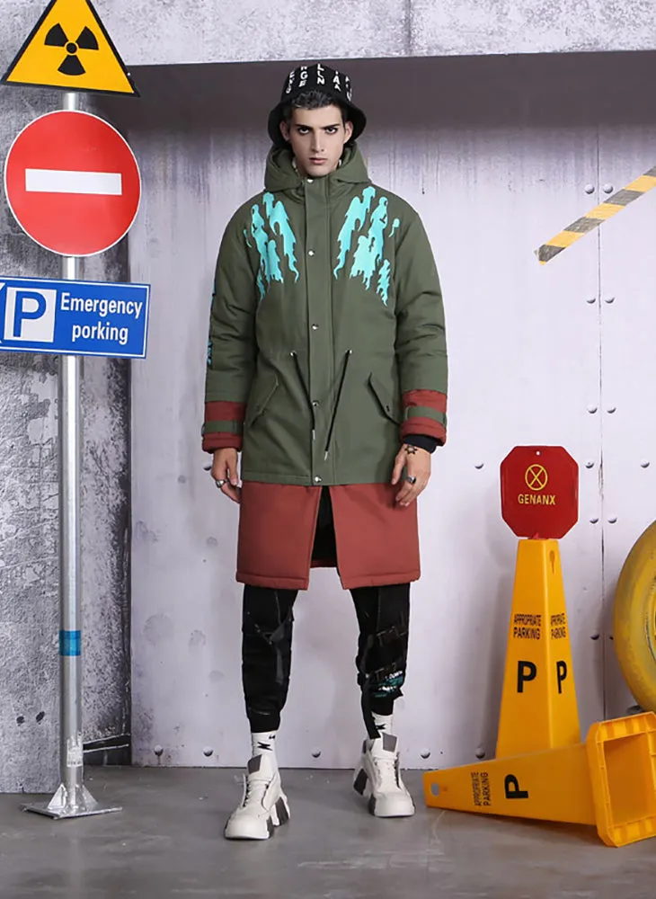 Contrast Color Spliced Waist Rope Padded Coat