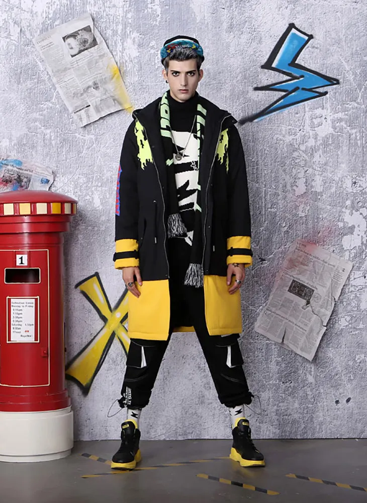 Contrast Color Spliced Waist Rope Padded Coat
