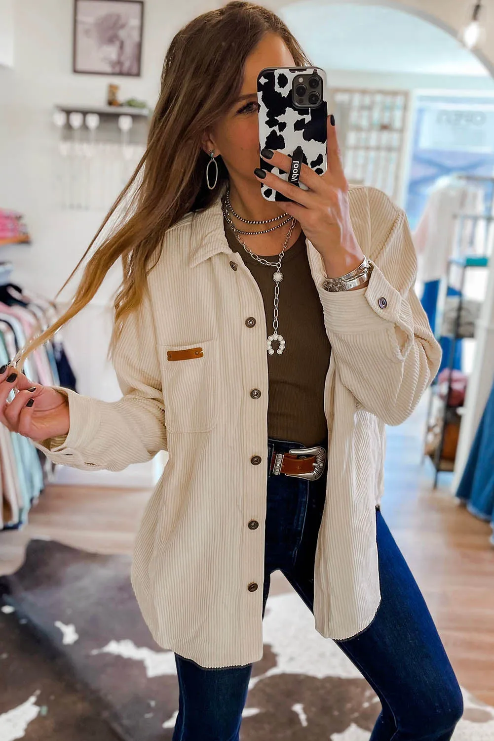 Corduroy Buttoned Front Pocketed Shacket