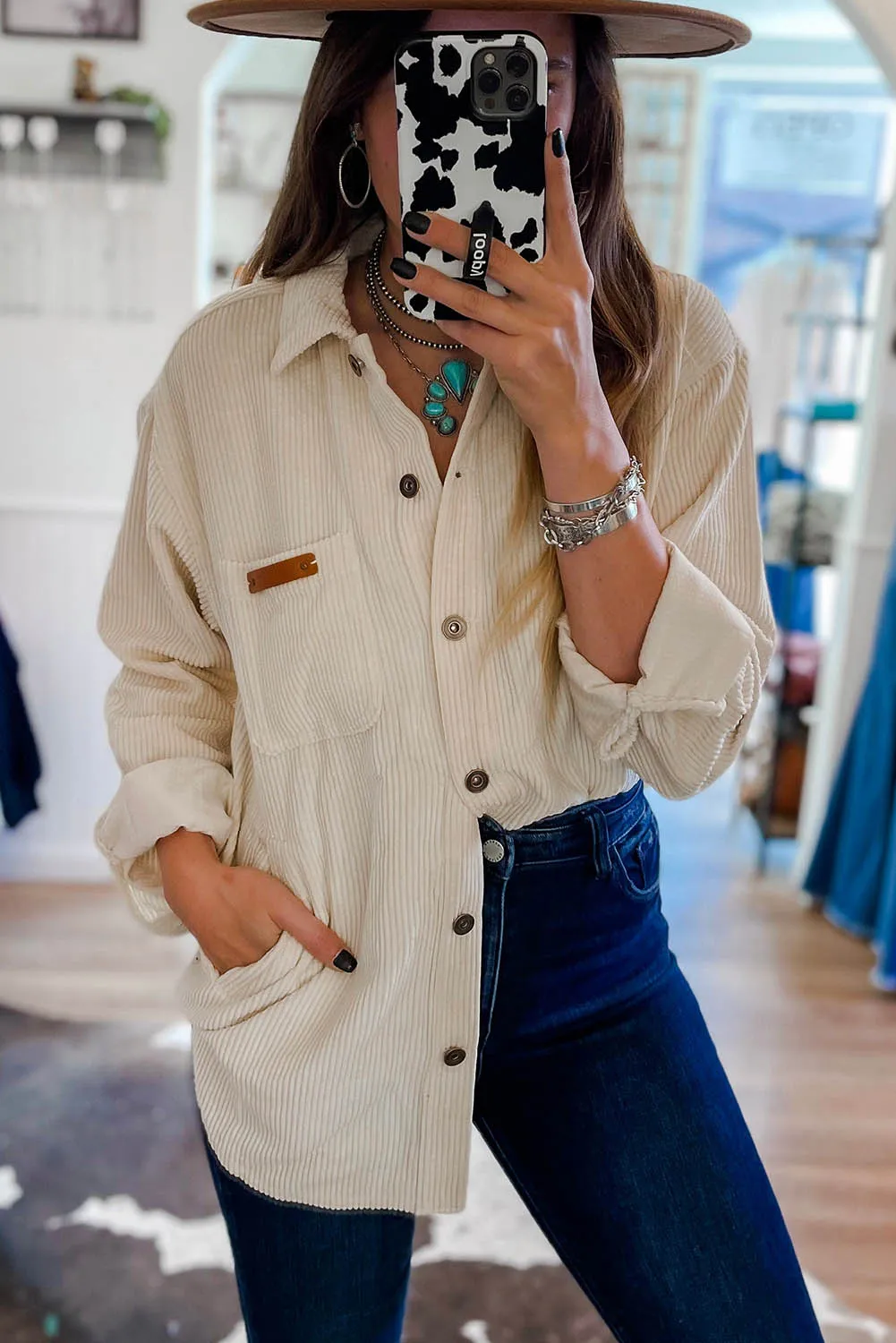 Corduroy Buttoned Front Pocketed Shacket