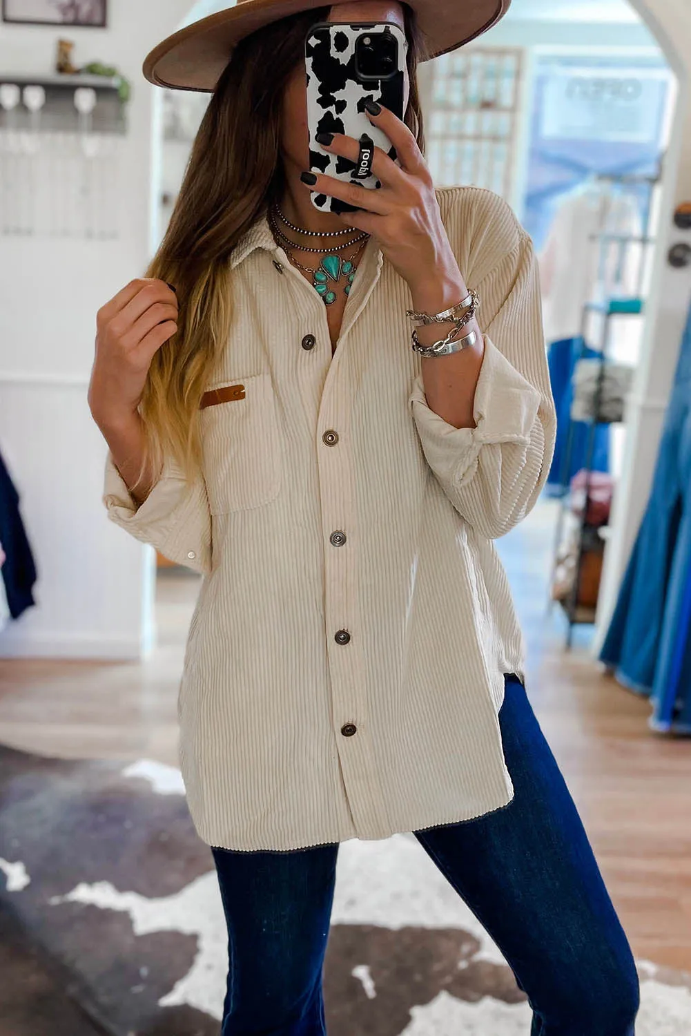 Corduroy Buttoned Front Pocketed Shacket