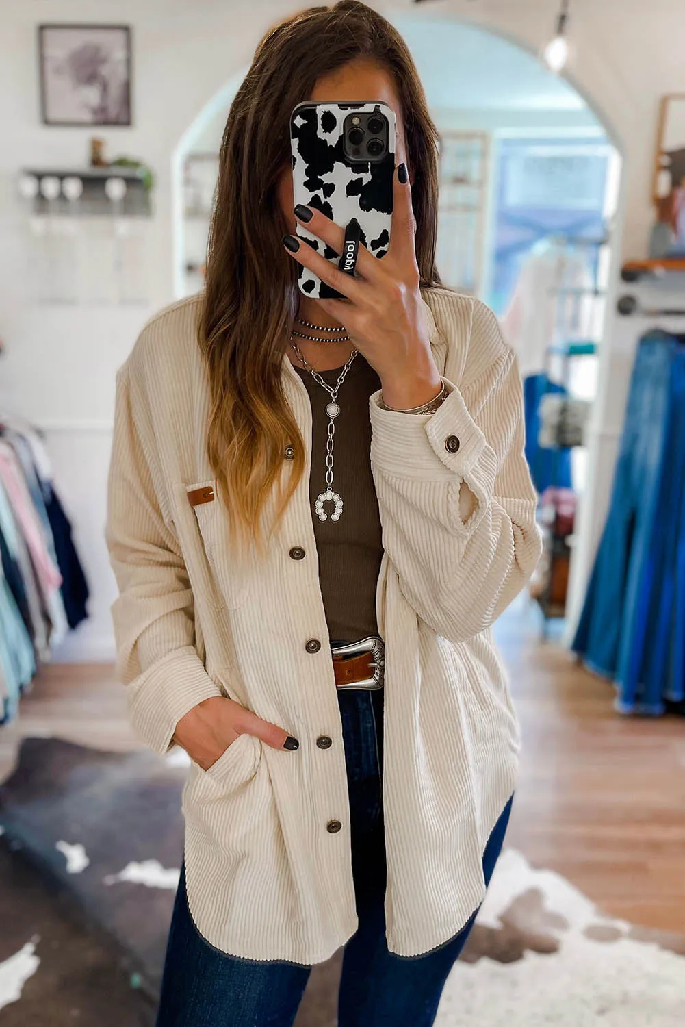 Corduroy Buttoned Front Pocketed Shacket