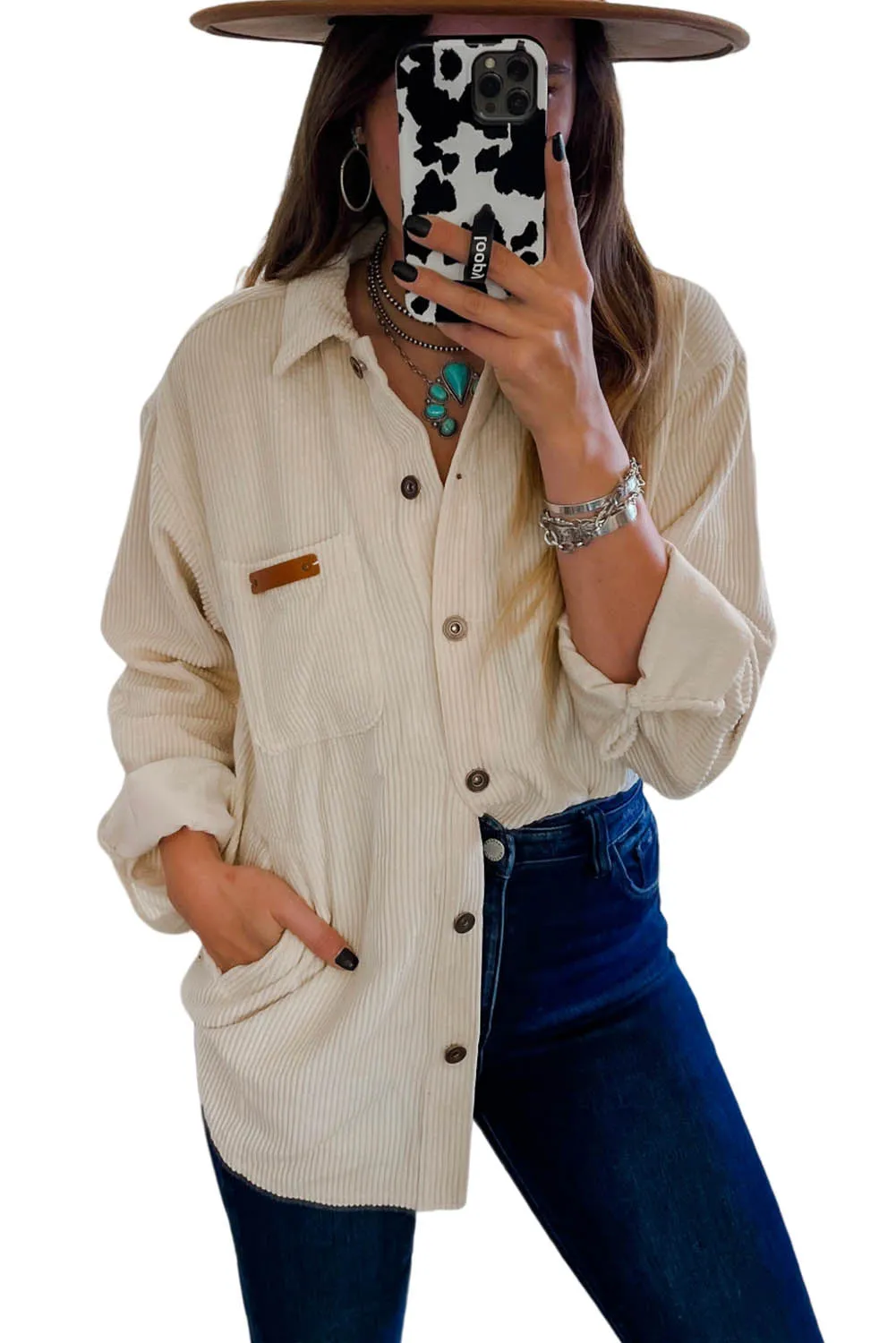 Corduroy Buttoned Front Pocketed Shacket