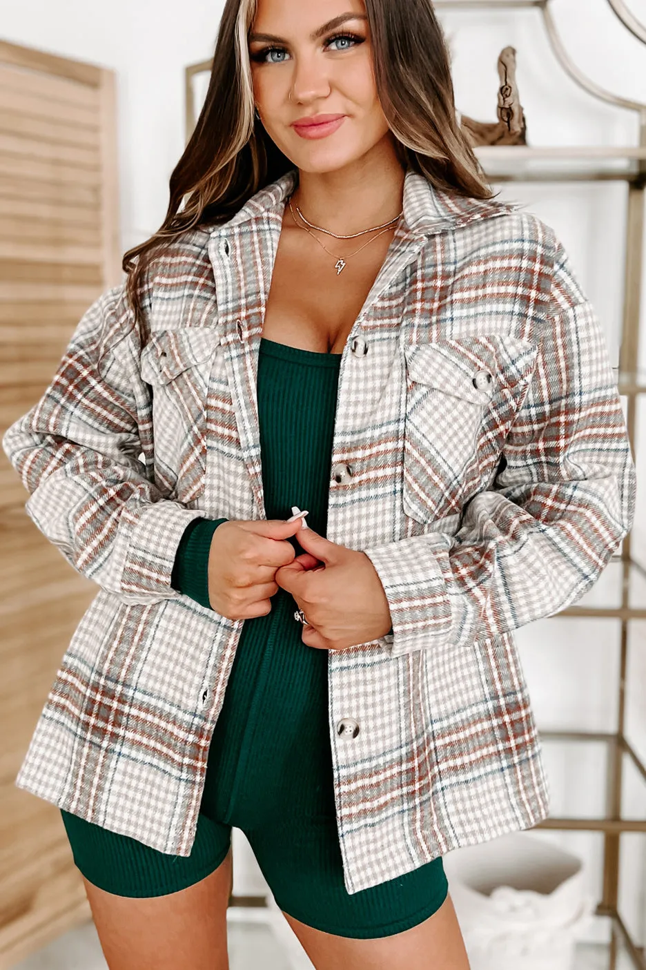 Counting On It Plaid Shacket (Brown)
