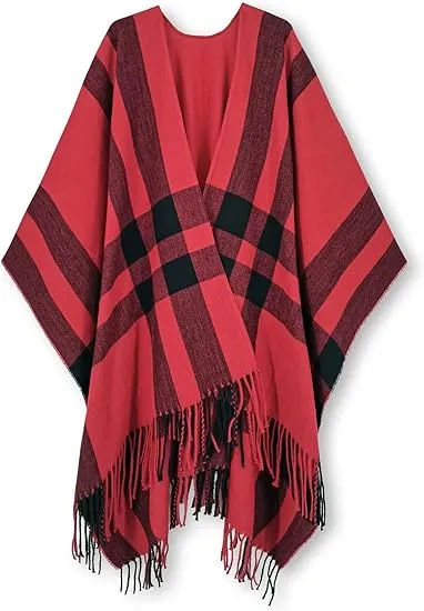 Deep Crimson Winter Chic Plaid Poncho Cardigan