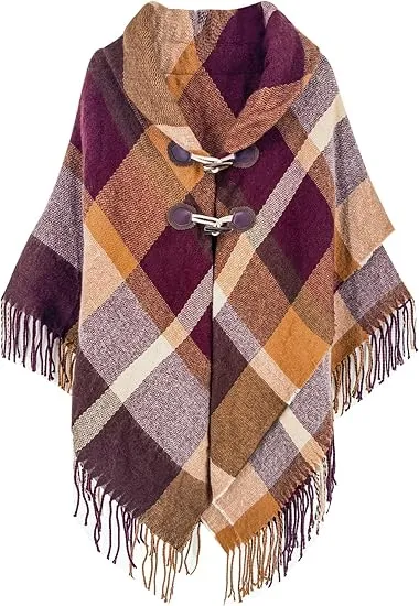 Deep Crimson Winter Chic Plaid Poncho Cardigan