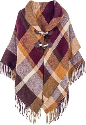 Deep Crimson Winter Chic Plaid Poncho Cardigan