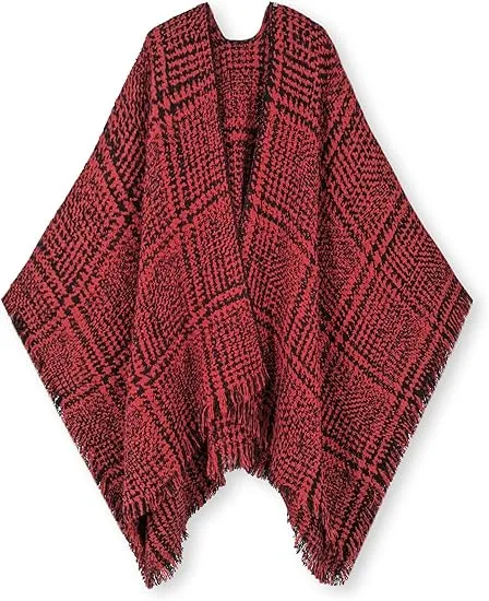 Deep Crimson Winter Chic Plaid Poncho Cardigan