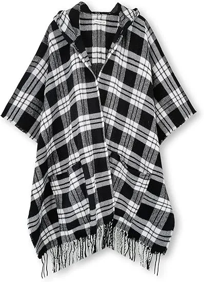 Deep Crimson Winter Chic Plaid Poncho Cardigan