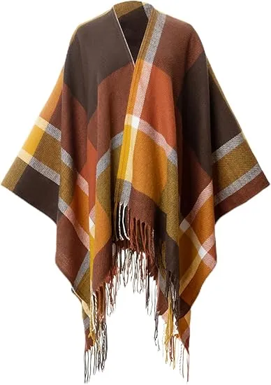 Deep Crimson Winter Chic Plaid Poncho Cardigan