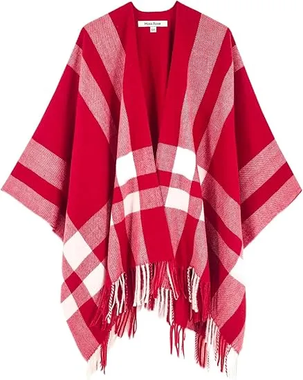 Deep Crimson Winter Chic Plaid Poncho Cardigan