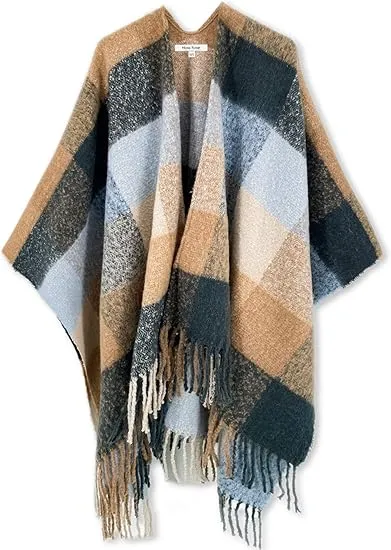 Deep Crimson Winter Chic Plaid Poncho Cardigan