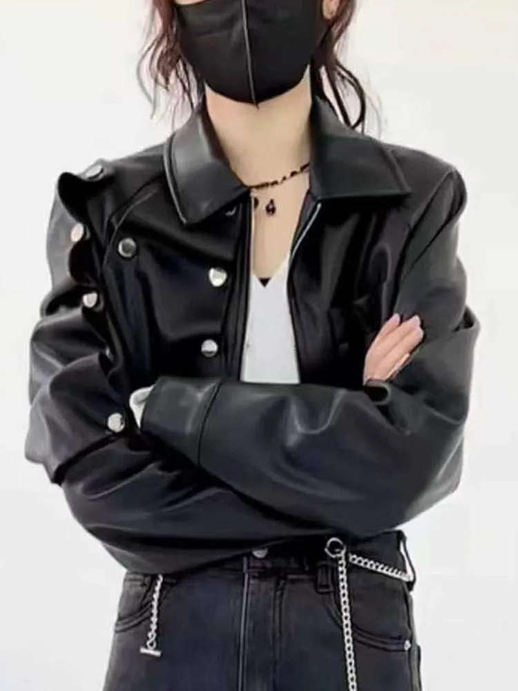 Detachable Button Irregular Leather Jackets For Women Lapel Long Sleeve Spliced Zipper Jacket Female Fashion