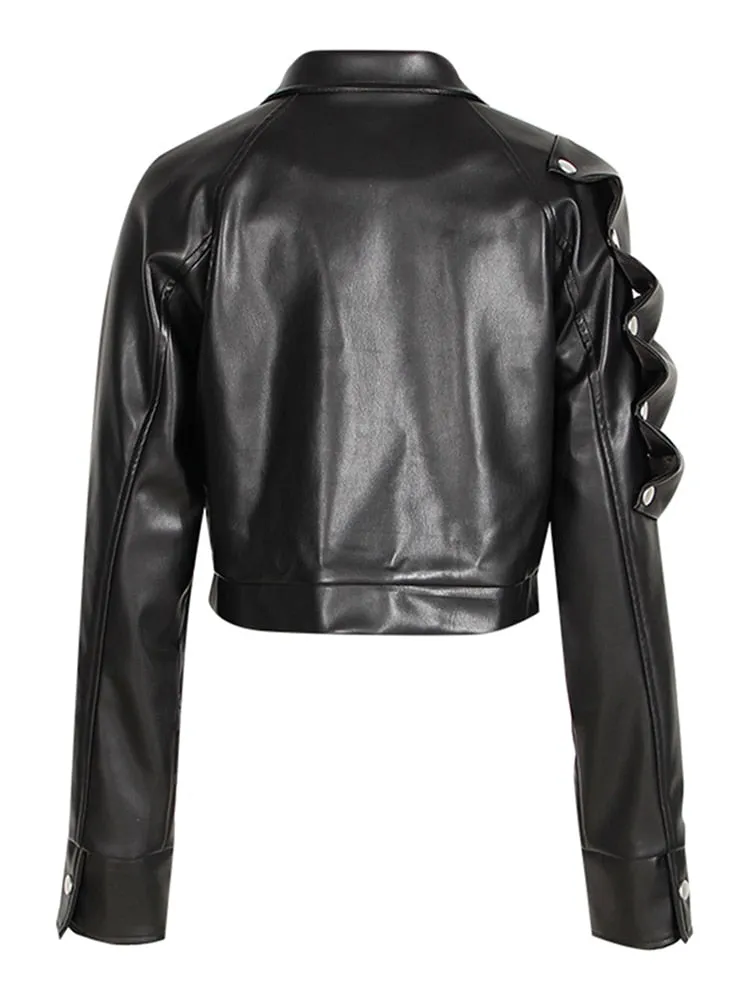 Detachable Button Irregular Leather Jackets For Women Lapel Long Sleeve Spliced Zipper Jacket Female Fashion
