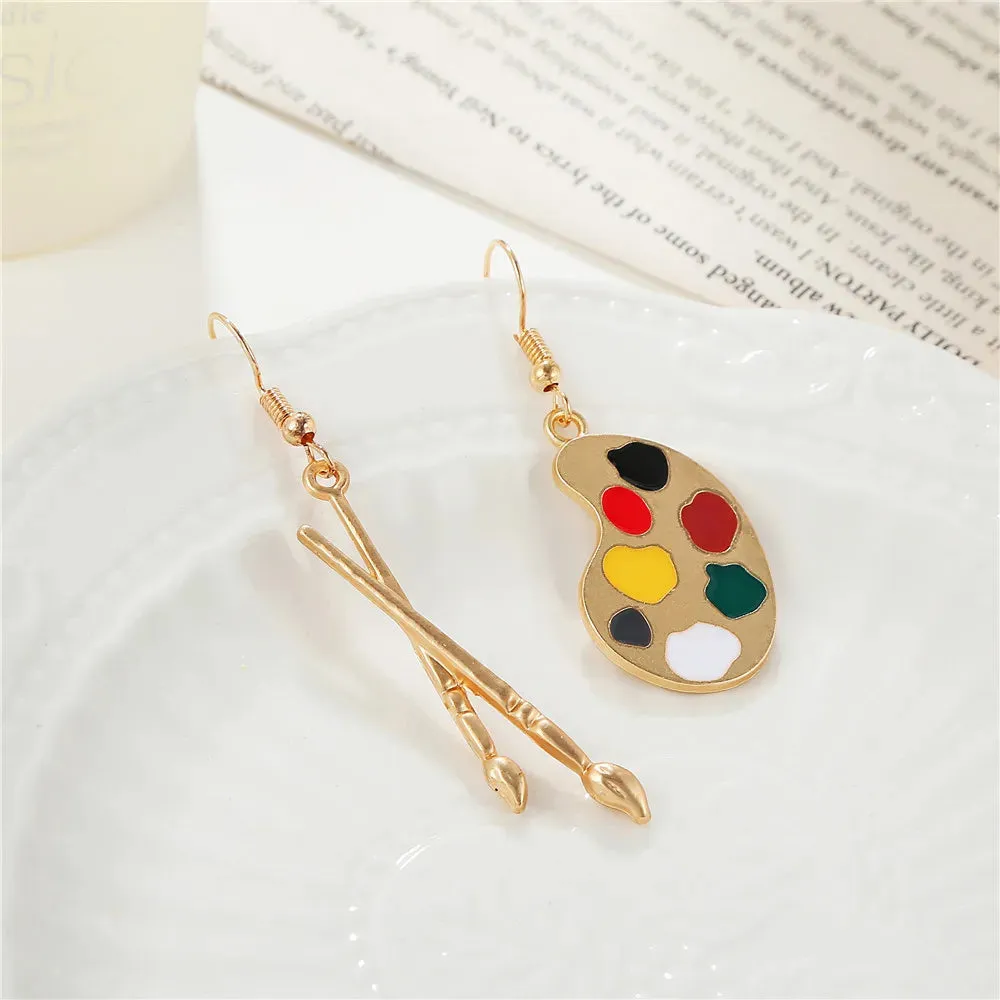 Enamel Asymmetrical Color Dangle Earrings - Artist Brush Palette Design