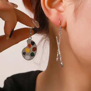 Enamel Asymmetrical Color Dangle Earrings - Artist Brush Palette Design