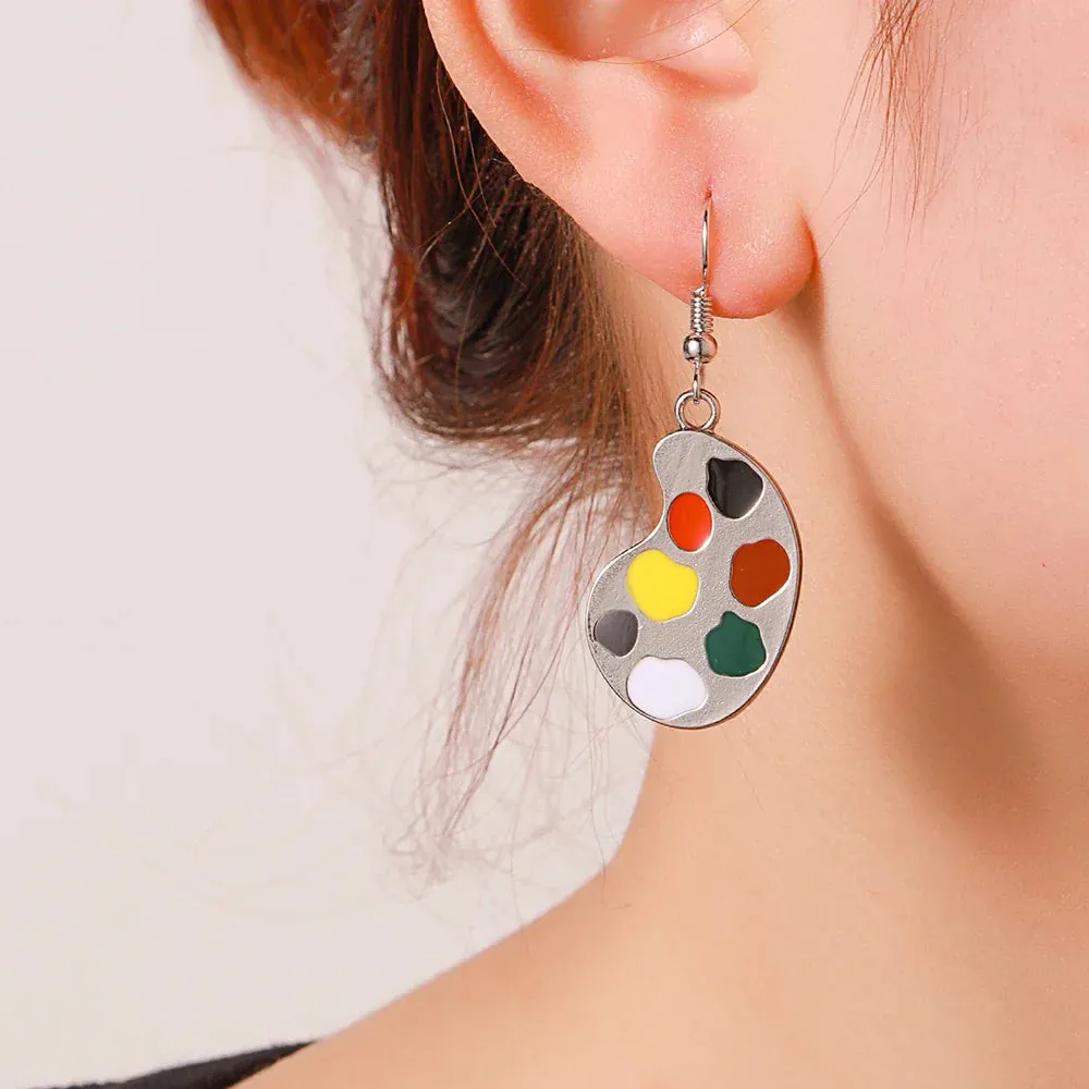 Enamel Asymmetrical Color Dangle Earrings - Artist Brush Palette Design