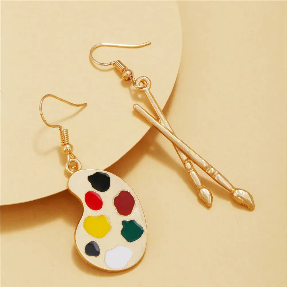 Enamel Asymmetrical Color Dangle Earrings - Artist Brush Palette Design