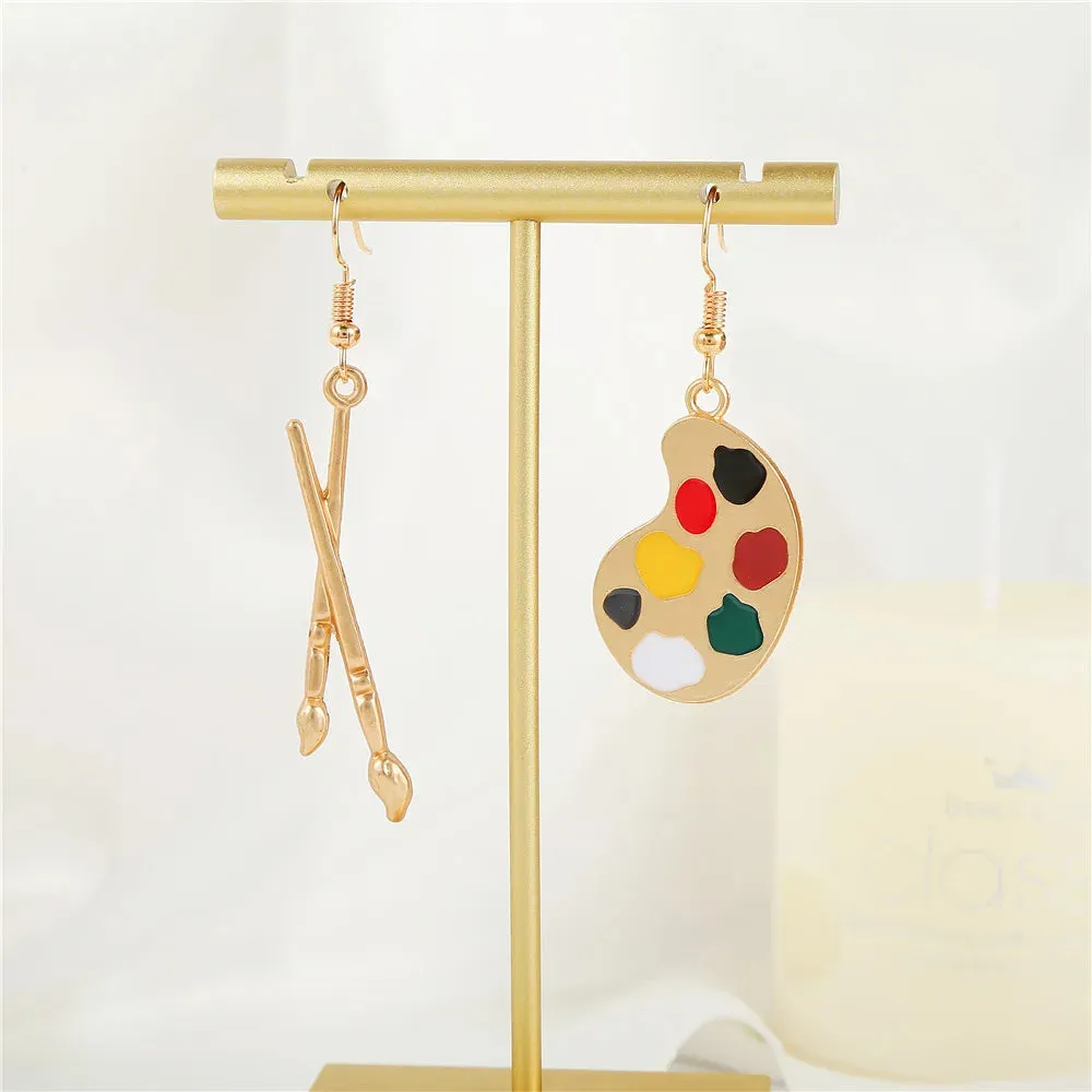 Enamel Asymmetrical Color Dangle Earrings - Artist Brush Palette Design