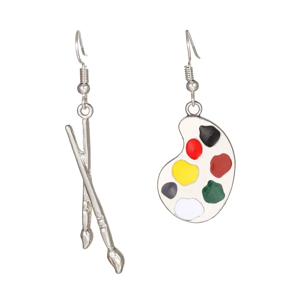Enamel Asymmetrical Color Dangle Earrings - Artist Brush Palette Design