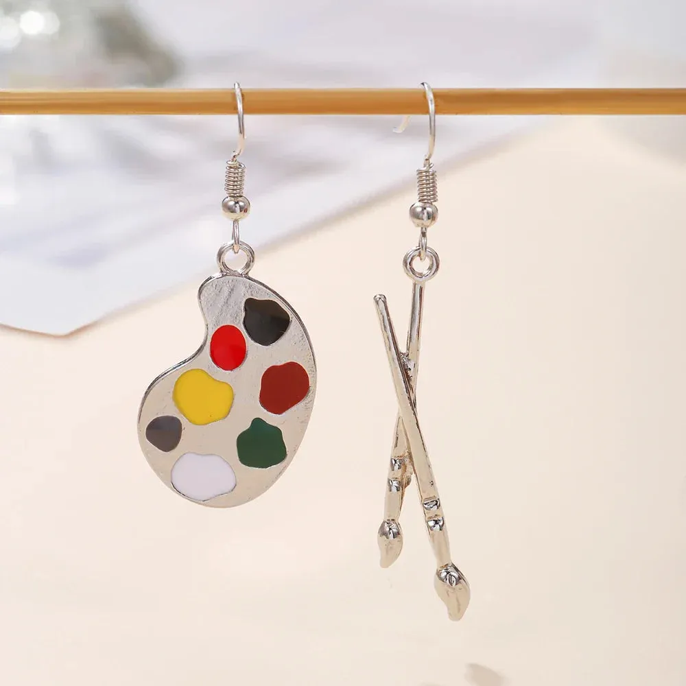 Enamel Asymmetrical Color Dangle Earrings - Artist Brush Palette Design