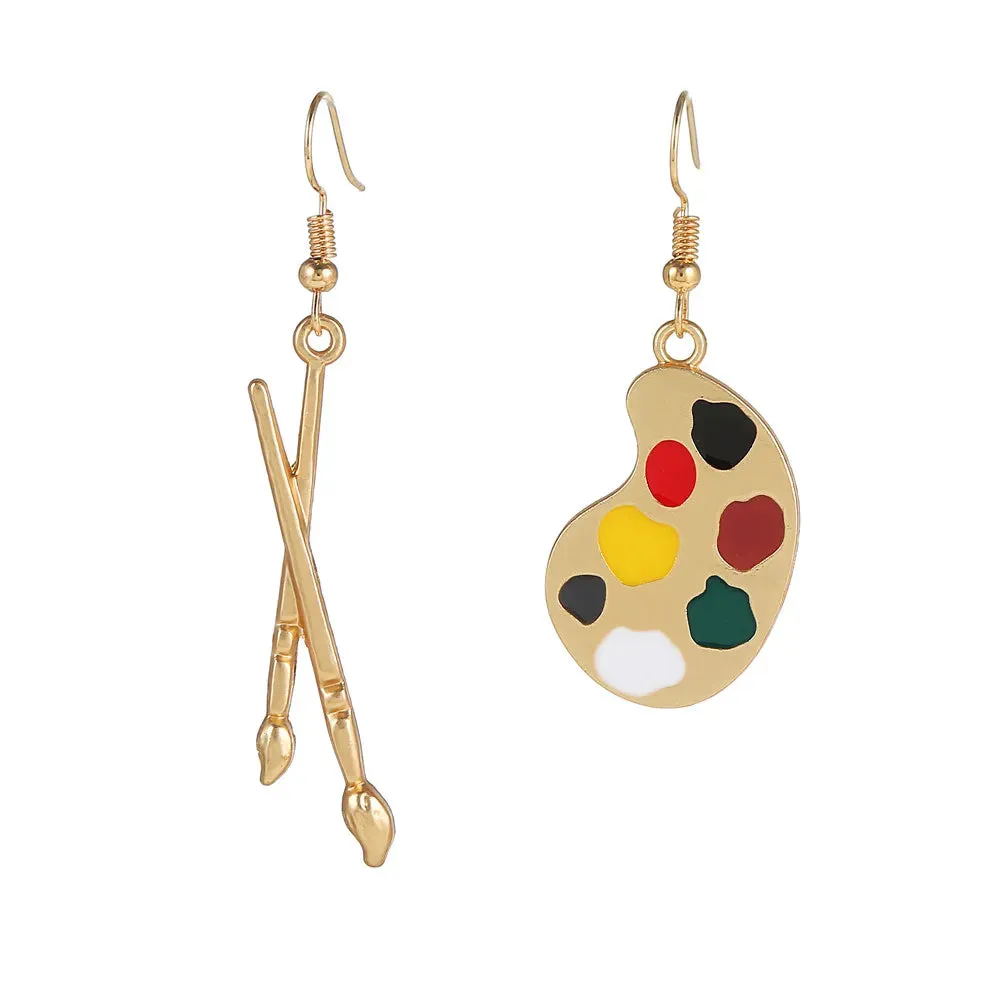 Enamel Asymmetrical Color Dangle Earrings - Artist Brush Palette Design