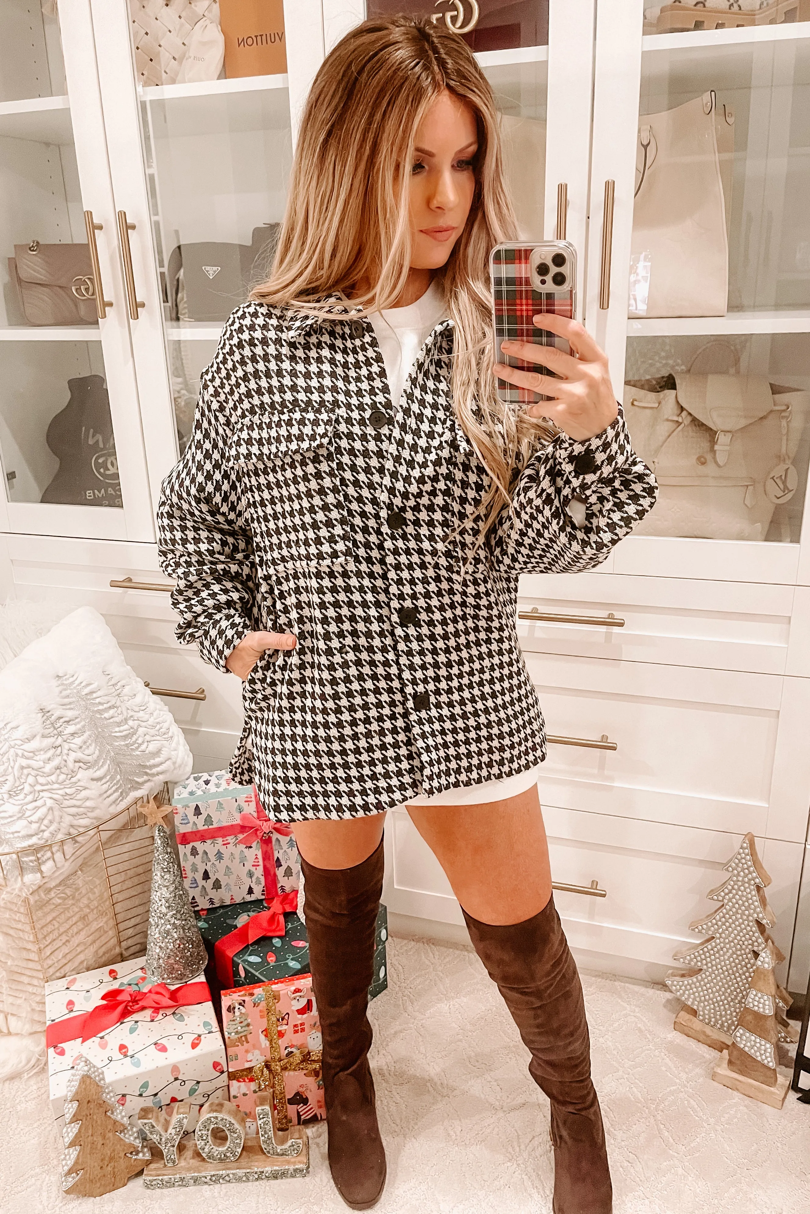 Escaping The Ordinary Oversized Houndstooth Shacket (Black/White)
