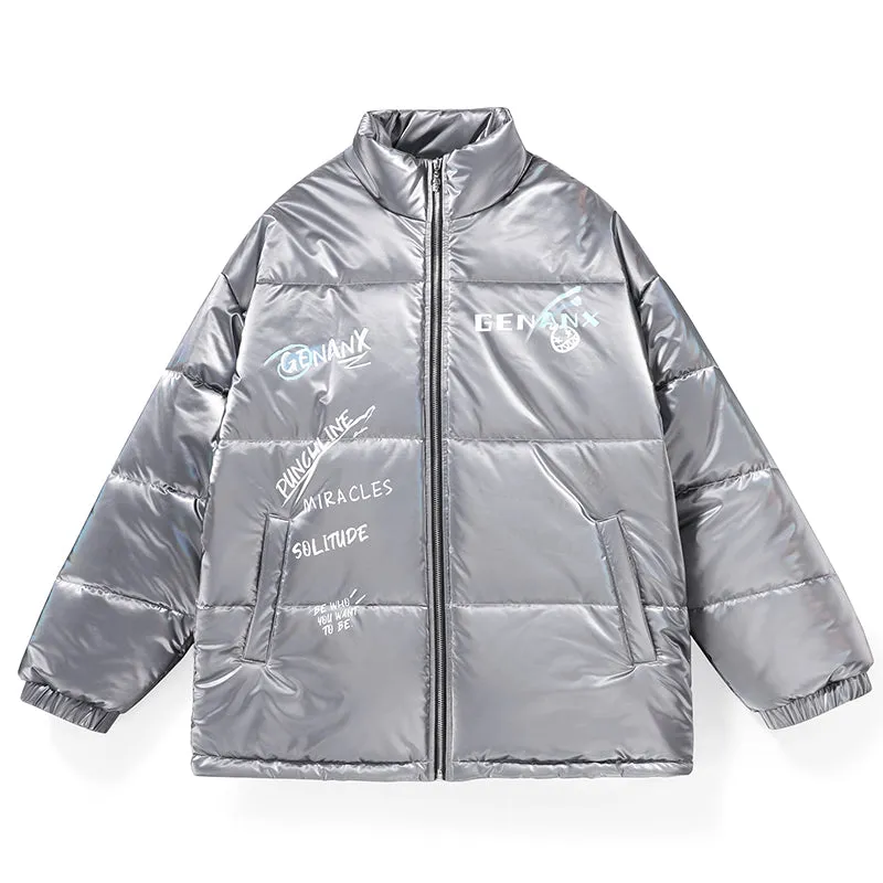 Glossy Laser Logo Print Stand Collar Padded Coat