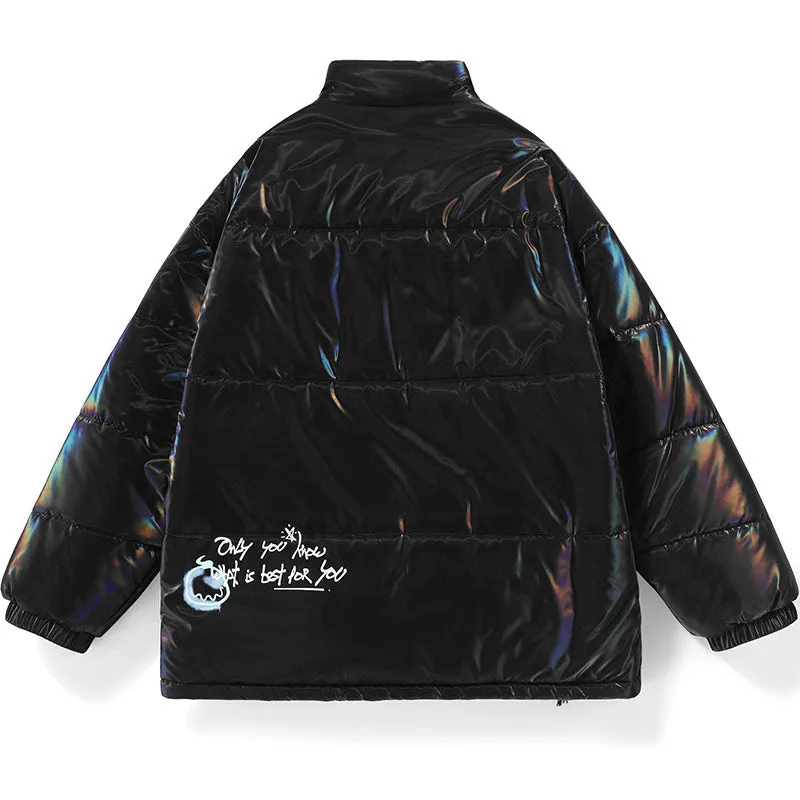 Glossy Laser Logo Print Stand Collar Padded Coat