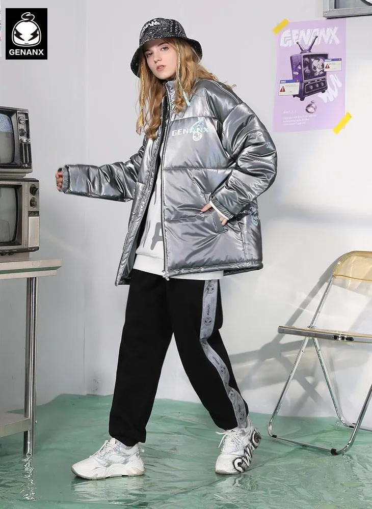 Glossy Laser Logo Print Stand Collar Padded Coat