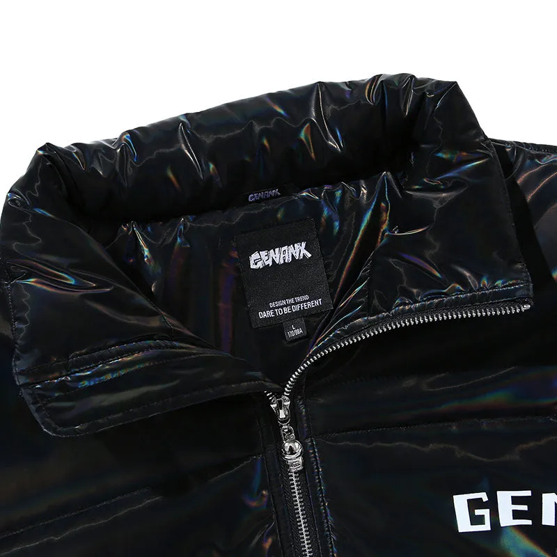 Glossy Laser Logo Print Stand Collar Padded Coat