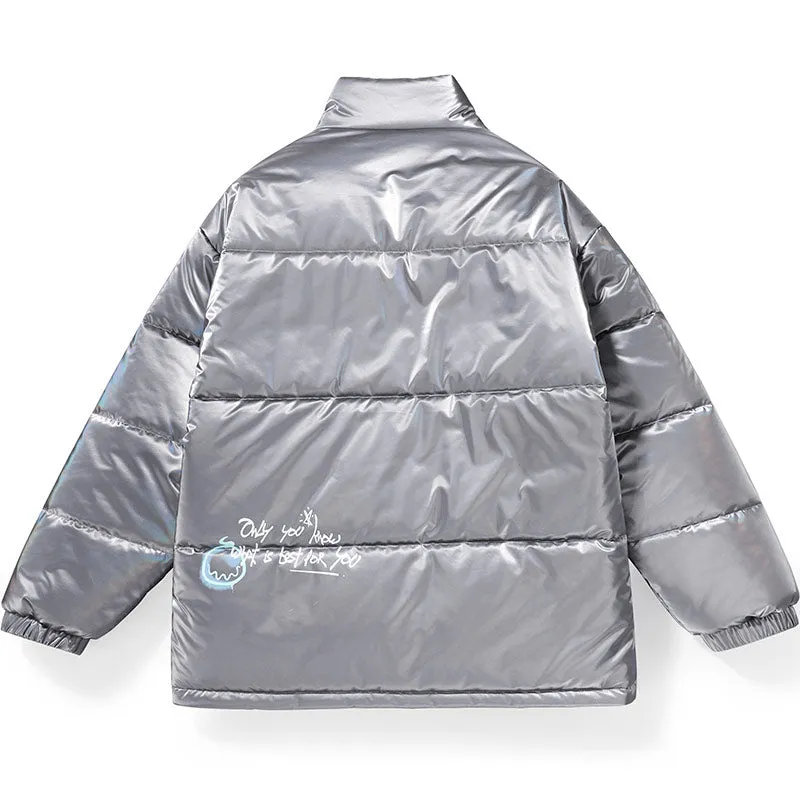 Glossy Laser Logo Print Stand Collar Padded Coat