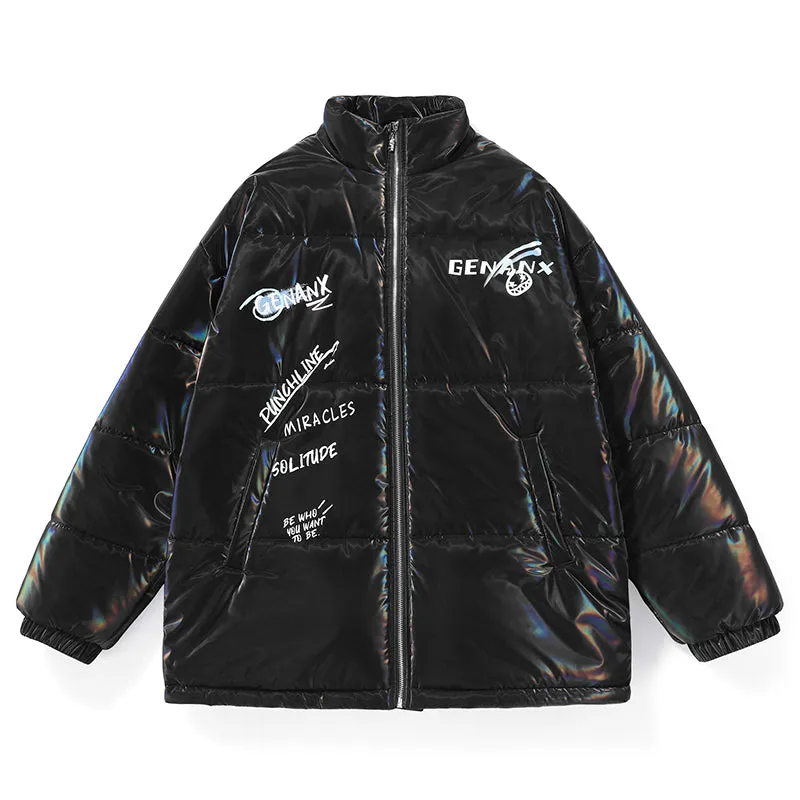 Glossy Laser Logo Print Stand Collar Padded Coat