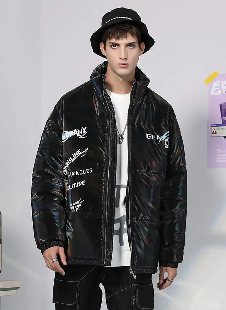 Glossy Laser Logo Print Stand Collar Padded Coat