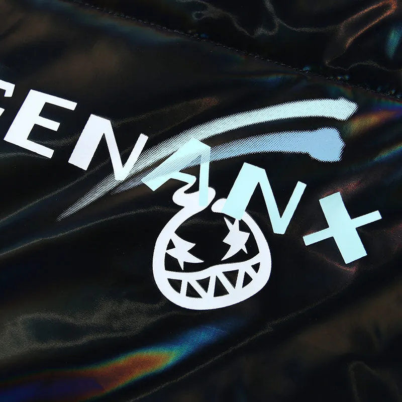 Glossy Laser Logo Print Stand Collar Padded Coat