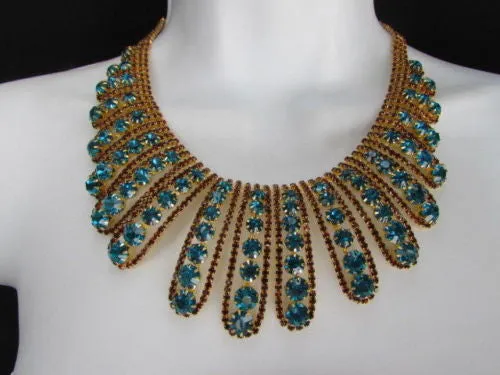 Gold Chain Flowers Statement Jewelry Brown Blue Rhinestones Necklace Earrings Accessories