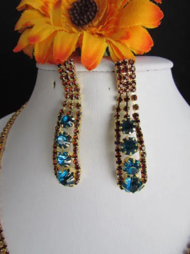 Gold Chain Flowers Statement Jewelry Brown Blue Rhinestones Necklace Earrings Accessories