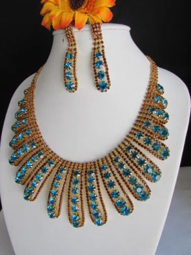 Gold Chain Flowers Statement Jewelry Brown Blue Rhinestones Necklace Earrings Accessories