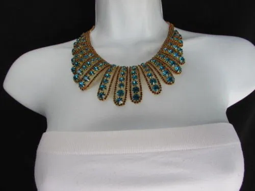 Gold Chain Flowers Statement Jewelry Brown Blue Rhinestones Necklace Earrings Accessories