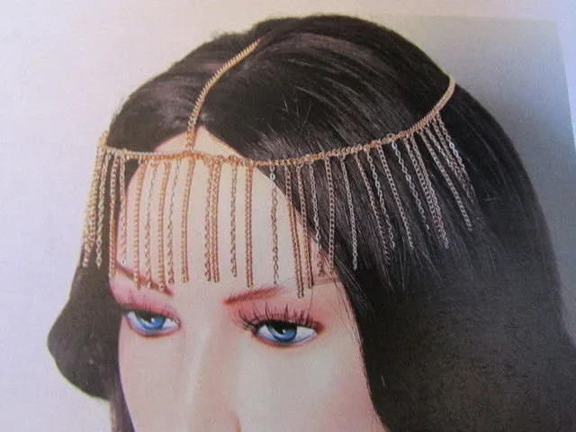 Gold Metal Elastic Front Head Chain Long Drapes Jewelry Women Fashion Hair
