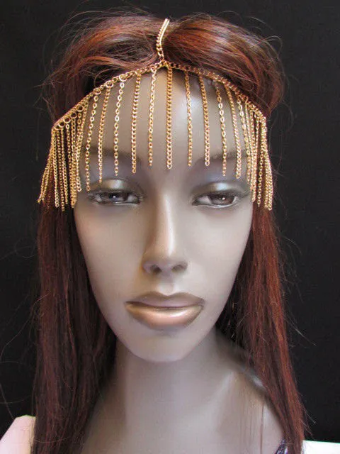 Gold Metal Elastic Front Head Chain Long Drapes Jewelry Women Fashion Hair