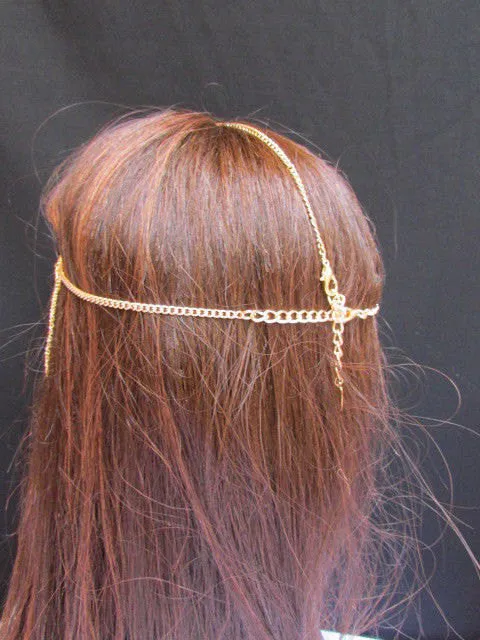 Gold Metal Elastic Front Head Chain Long Drapes Jewelry Women Fashion Hair