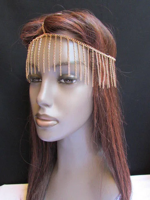 Gold Metal Elastic Front Head Chain Long Drapes Jewelry Women Fashion Hair