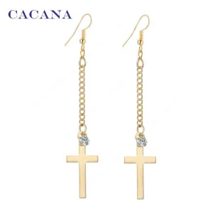 Gold plated dangle long earrings for women top quality cross with a CZ diamond