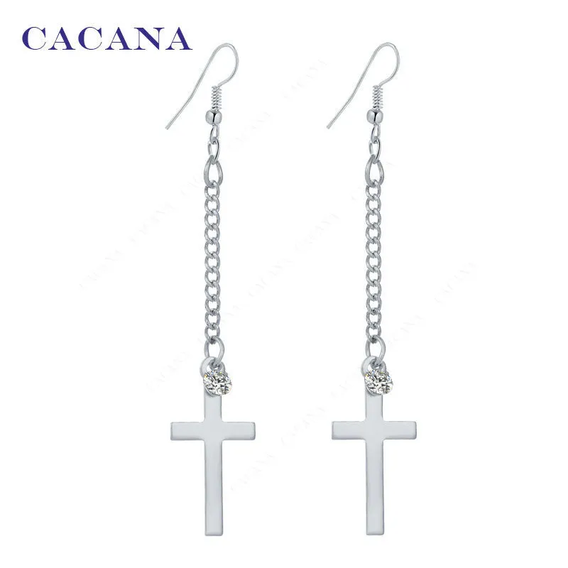 Gold plated dangle long earrings for women top quality cross with a CZ diamond