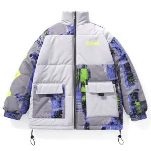 Gray Blue Safari Style Color Block Patchwork Stand Collar Padded Coat